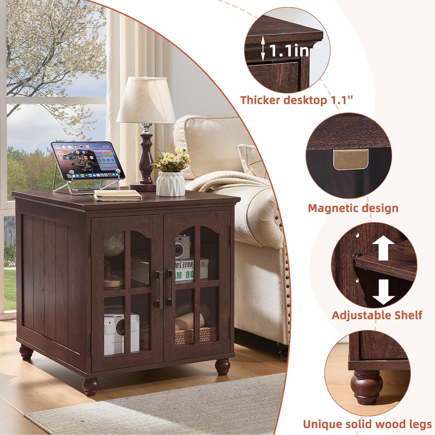 RWYHG End Table Set 2 with Charger, 18'' Nightstand and 24" Side Tables | Glass Barn Door Storage, Solid Wood Legs Farmhouse Style Bedside Table for Living Room,Bedroom Consistent style