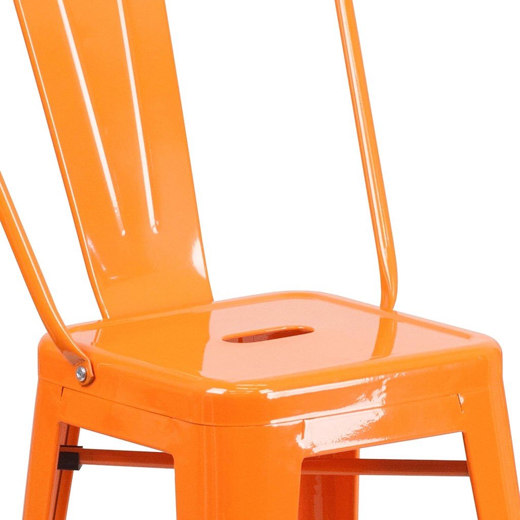 EMMA + OLIVER Commercial Grade 24" H Orange Metal Indoor-Outdoor Counter Height Stool w/Back