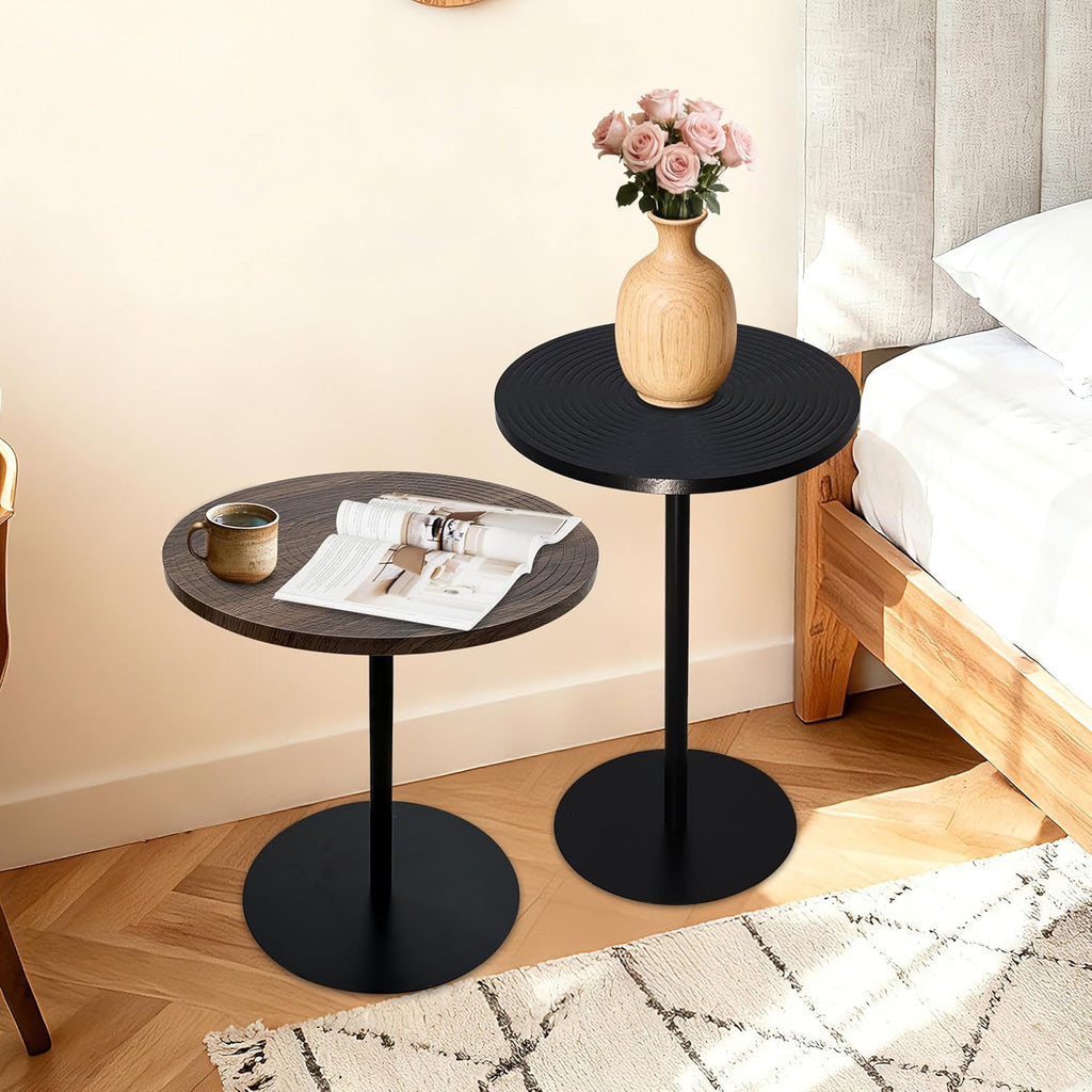 Round Side Table Set of 2, End Tables for Living Room Bedroom, Small Nesting Accent Table Nightstand with Sturdy Metal Base, Wood-Look Circular Couch Tables for Small Spaces, Walnut Brown & Black