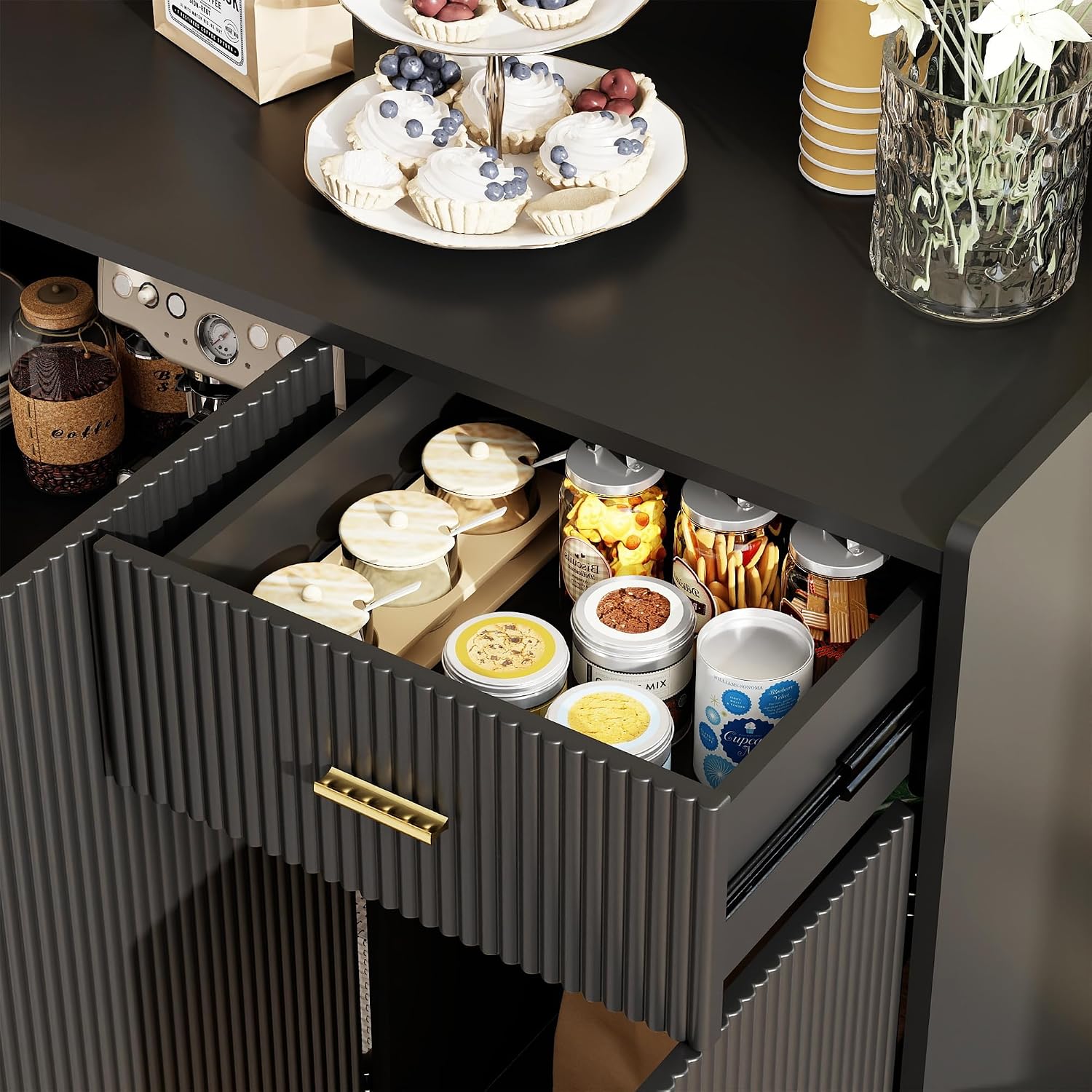 Sideboard Buffet Cabinet with Storage: 63" Black Credenza Storage Cabinet with Drawers, Modern Tall Fluted Buffet Cabinets with 4 Doors for Living Room and Kitchen (63")