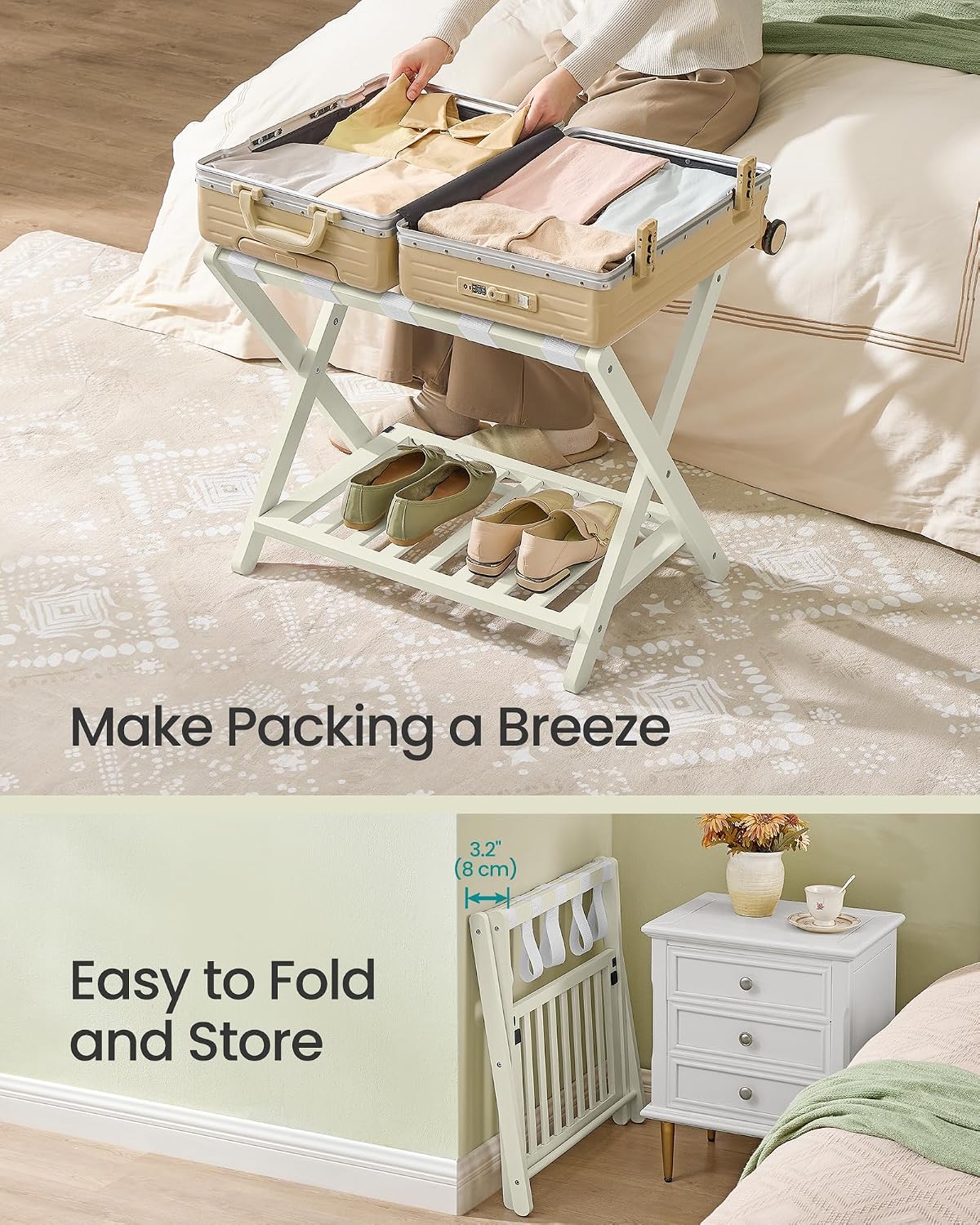 SONGMICS Solid Wood Luggage Rack, No Assembly Required, Foldable Suitcase Stand, Luggage Holder, with Storage Shelf, for Guest Room, Hotel, Bedroom, Cream White URLR020WZ02S