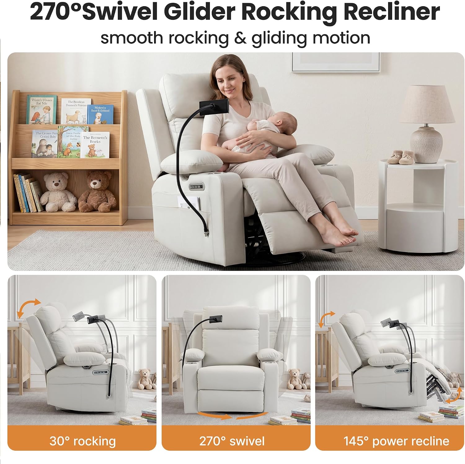 FiveWillowise Power Rocking Chair Nursery with Adjustable Armrests, Beige | Glider Rocking Chair with Adjustable Headrest and Electric Lumbar Support, Nursing Chair with USB Charging, Cup Holder, Light