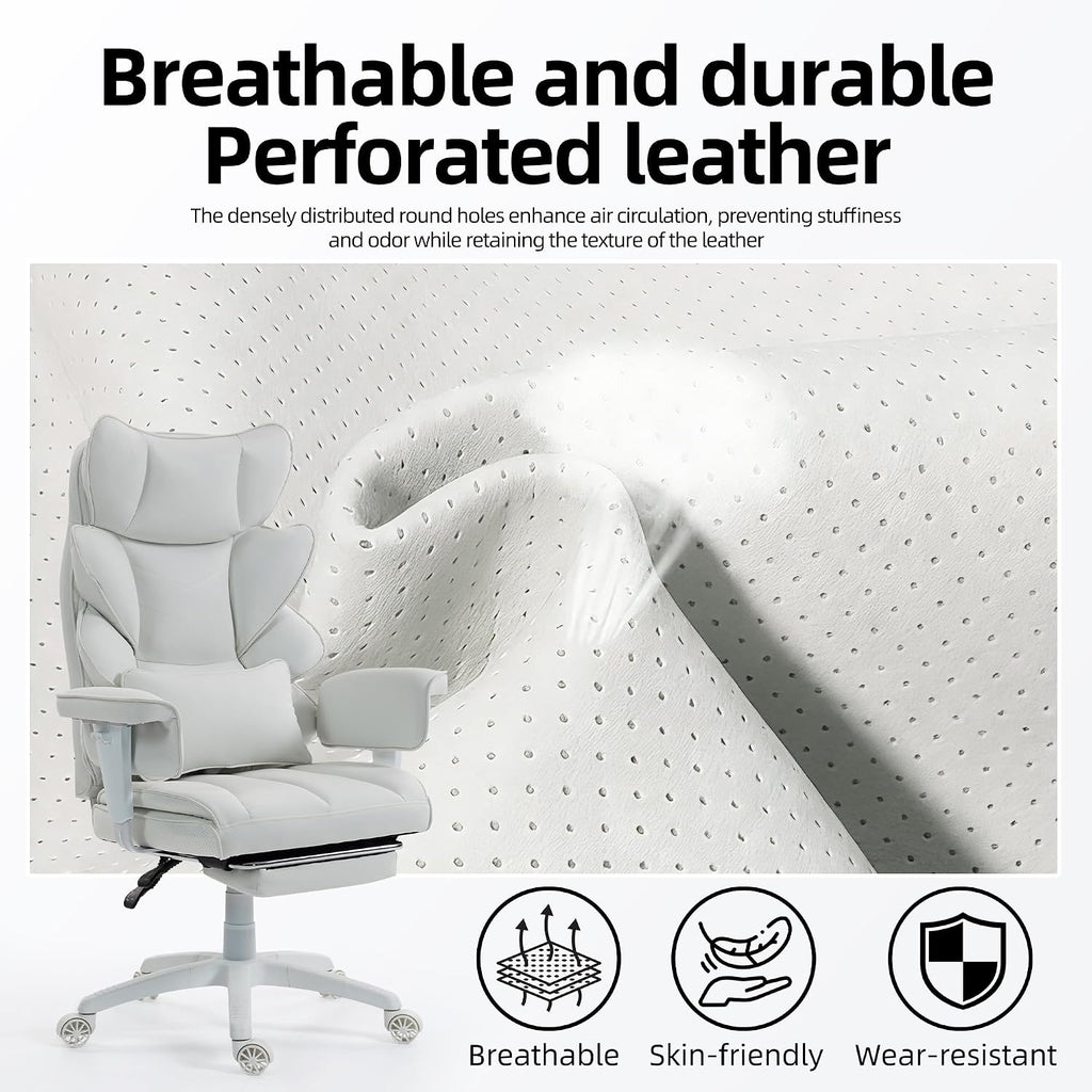 Office Chair,Executive Ergonomic Office Chair with Pocket Spring Cushion, High Back Computer Gaming Chair with Adjustable Armrests, Lumbar Support, Footrest, Executive Chair- White PU Leather