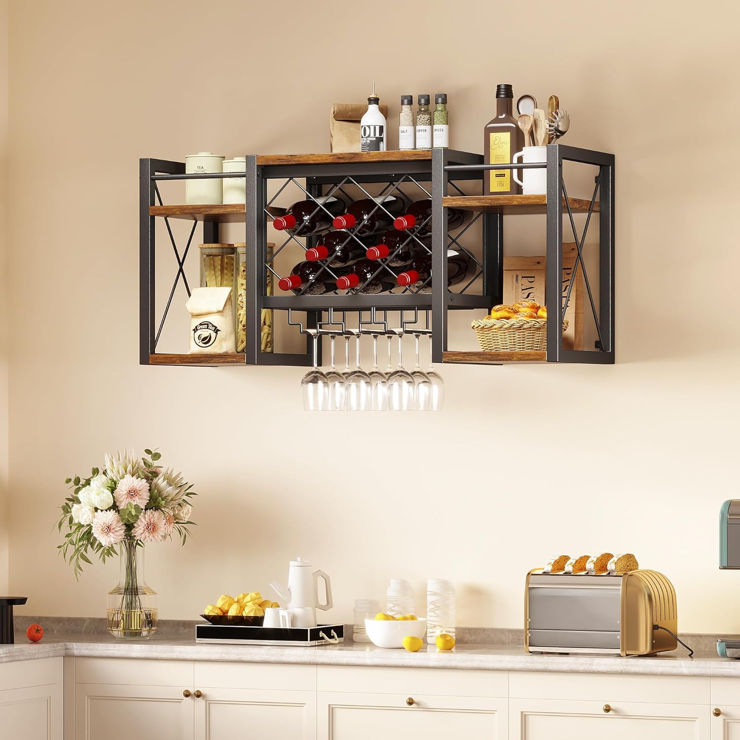 Wall Mounted Wine Rack with Glass Holder, Wood-Metal Retro Bar Shelf, Wine Bottles Display Wall Storage for Kitchen Dining Room Home Bar