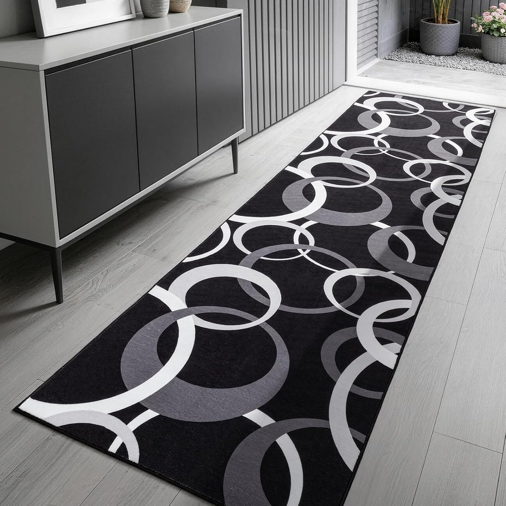 YIHOUSE Washable 2x8 Hallway Runner Rug Non Slip, Black and White 8ft Rug Runners for Bathroom Kitchen Non Skid, Geometric Circle Modern Carpet Runner for Entryway Bedroom