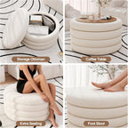 FiveWillowise 30 Inch Round Ottoman with Storage,Large Sherpa Storage Coffee Table Ottoman with Tray, Multi-Functional Cozy Modern Foot Rest for Couch, Living Room, Bedroom,Cream White