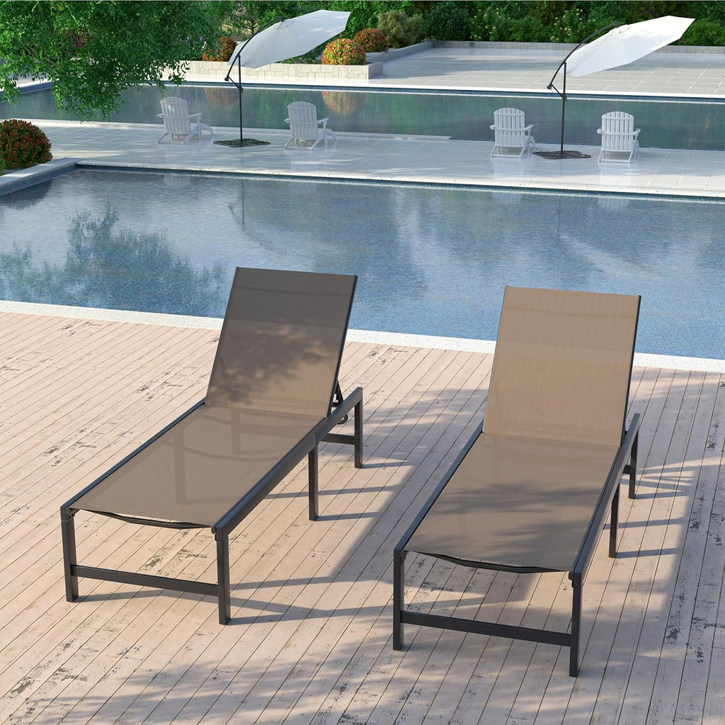 UDPATIO Outdoor Chaise Chairs & Table 3 Pieces Pool Lounge Chair, Poolside Sunloungers Lay Flat Sunbathing Chaise with Adjustable Backrest for Patio, Beach, Yard, Pool