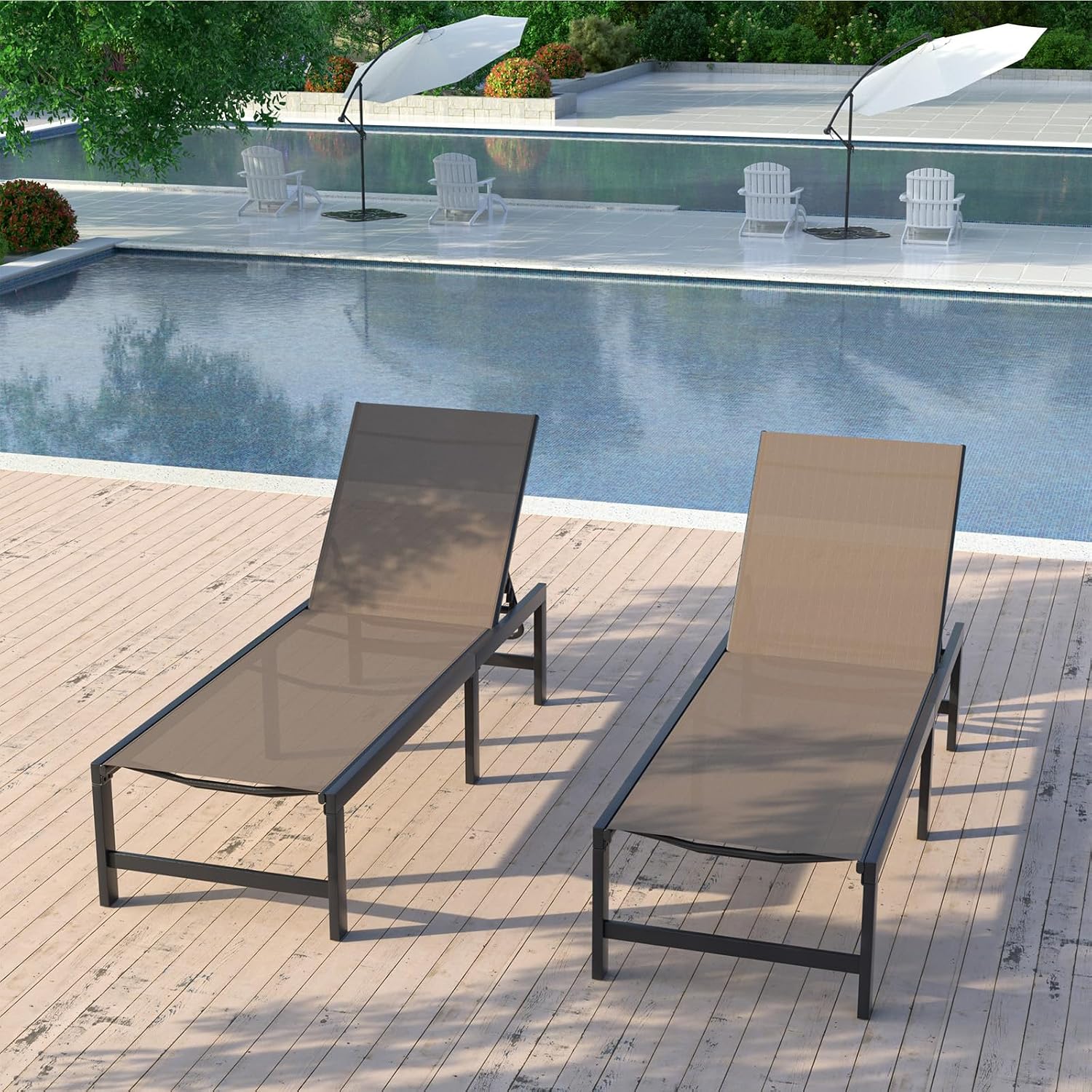 UDPATIO Outdoor Chaise Chairs & Table 3 Pieces Pool Lounge Chair, Poolside Sunloungers Lay Flat Sunbathing Chaise with Adjustable Backrest for Patio, Beach, Yard, Pool