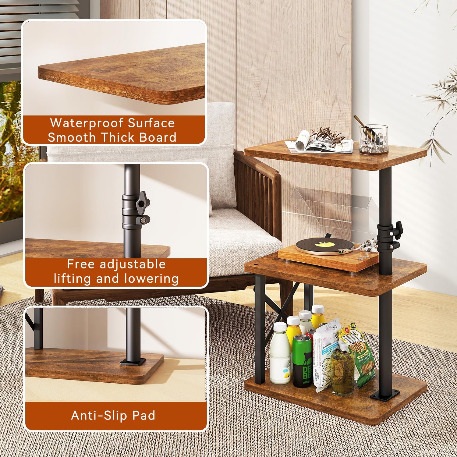 IBUYKE 360° Swivel Height Adjustable Side Table, C Shaped End Table for Small Spaces Sofa/Bed, with Storage Shelf, 3-Tier Night Stand for Living Room, Bedroom,Retro Brown UTVT006H