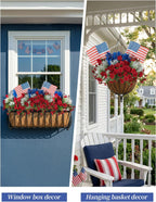 BLOSMON 4th of July Flowers for Porch: 12 Pcs Red White and Blue Fake Flower with Flag for Outdoors Planters - Patriotic Artificial Floral Plants America 250 Anniversary Outside Window Box Decoration