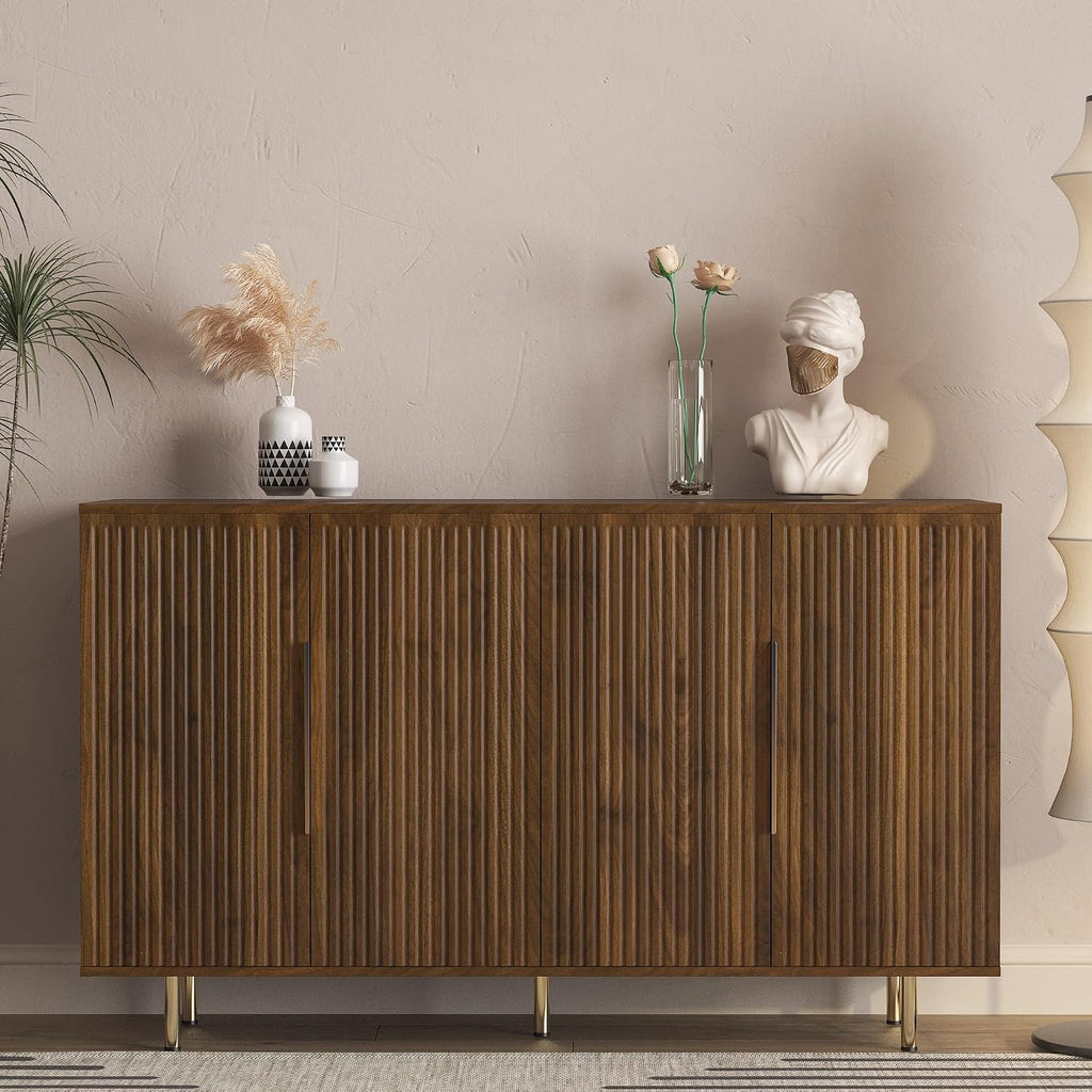 Sideboard Cabinet, 56" Large Buffet Cabinet with Storage, Wood Credenza Storage Cabinet with 4 Fluted Decorative Doors and Adjustable Shelves, for Living Room, Kitchen, Entryway, Walnut