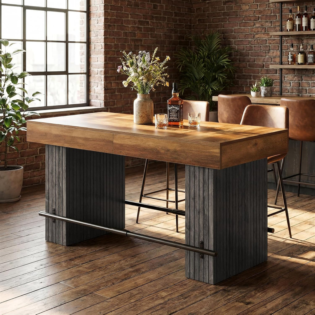 Tribesigns 63-Inch Counter Height Bar Table, Long Bar Table with Metal Footrest, Home Bistro Unit for Kitchen, Dining Room & Living Room, Rustic Brown and Black