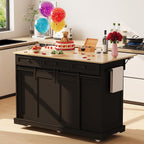Large Rolling Kitchen Island with Power Outlet, Mobile Kitchen Cart on Wheels with Drop Leaf, 3 Drawers, Trash Can Storage, Spice Rack, Towel Holder, Kitchen Island Table for Dining Room, Home, Black