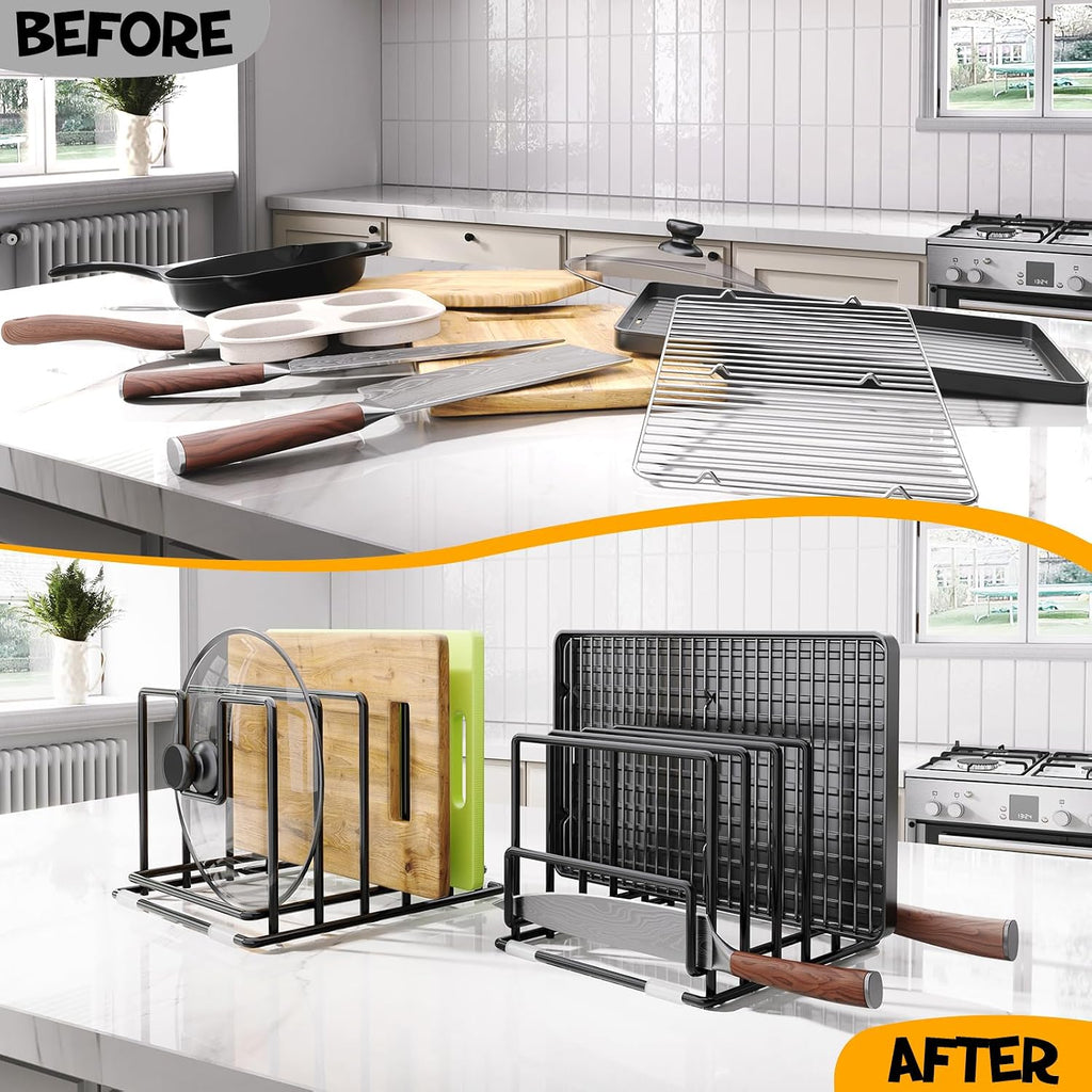 2 Pack Cutting Board Organizer and Pot Lid Holder, Kitchen Cabinet Organizer Rack with 7 & 5 Compartments, Heavy-Duty Iron Baking Sheet Pan Organizer with Non-Slip Base, Space-Saving Kitchen Storage