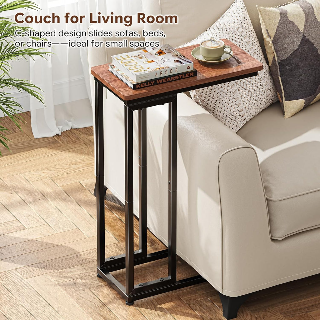Ekisemio C-Shaped End Table, Slide Under Sofa Side Table with Metal Frame, Rustic Brown for Living Room