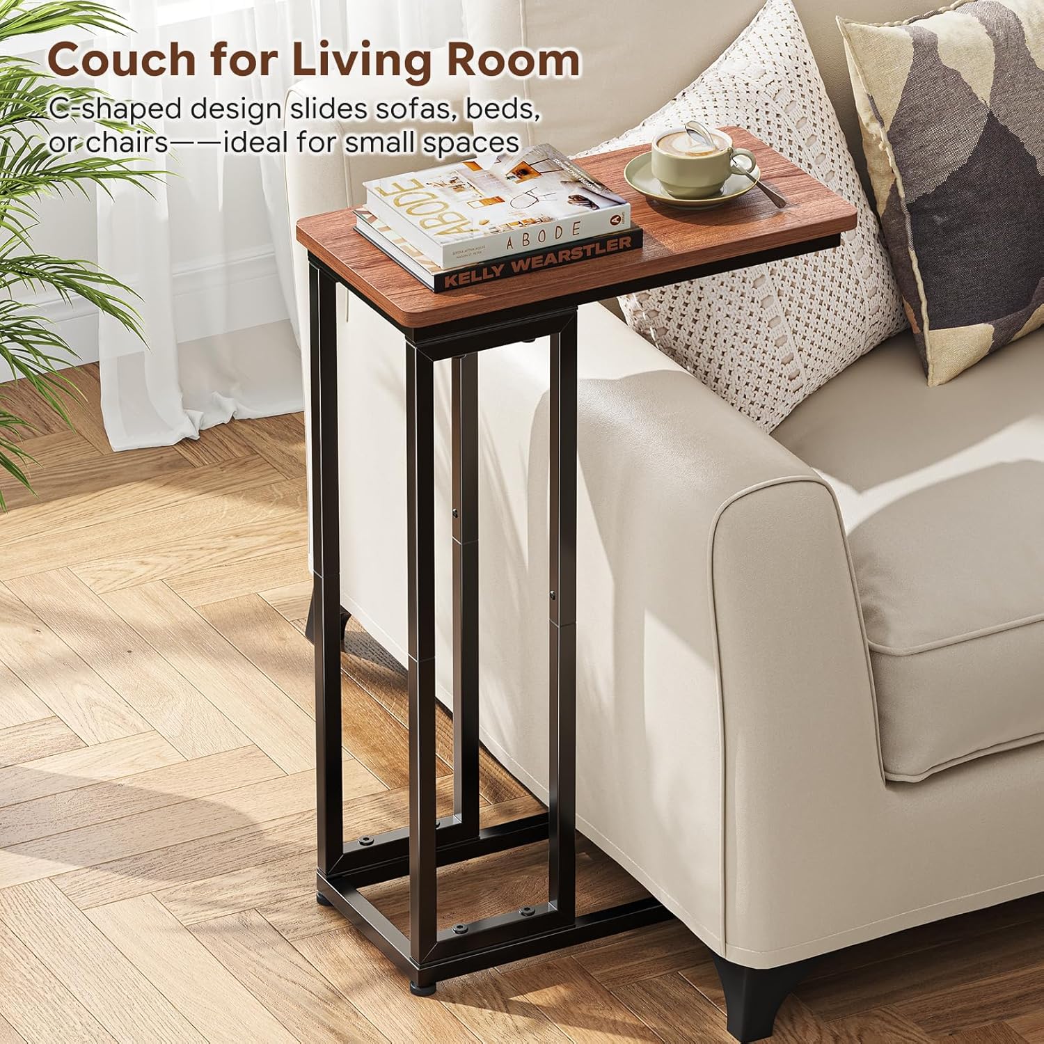 Ekisemio C-Shaped End Table, Slide Under Sofa Side Table with Metal Frame, Rustic Brown for Living Room