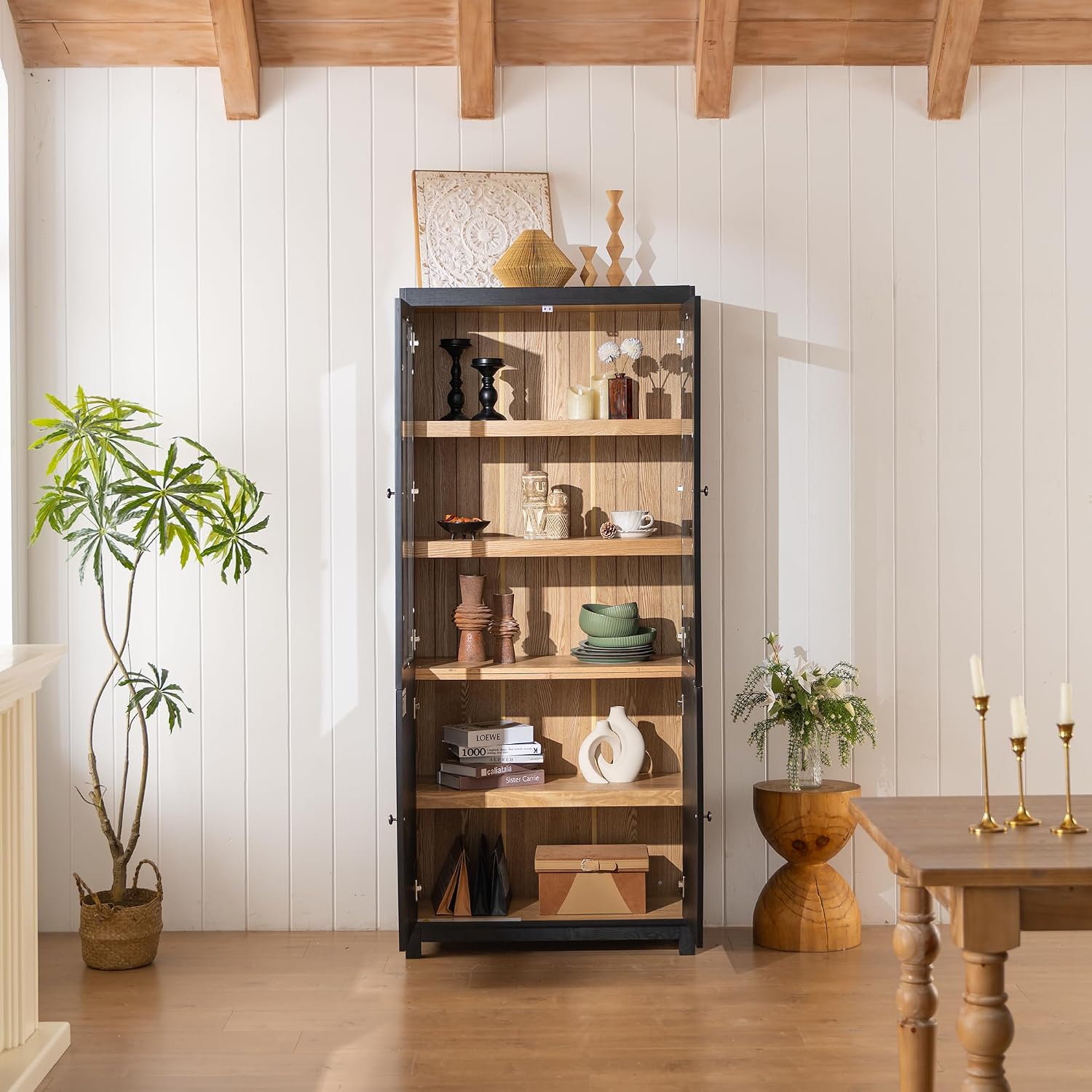 LUMISOL 74.5" Tall Kitchen Pantry Cabinet with Glass Doors & Adjustable Shelves, Ash Wood Grain Display Cabinet with Storage, Modern Bookshelf for Living Room Dining Room Office, Black