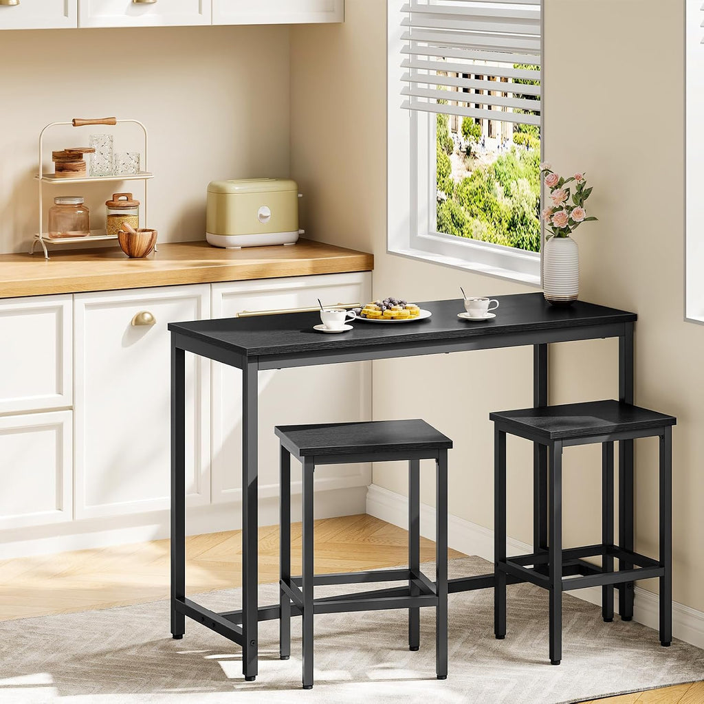 HOOBRO Bar Table and Chairs Set, 47.2" Rectangular Pub Table with 2 Stools for Small Space, 3-Piece Breakfast Stools Set, Sturdy Metal Frame, Easy to Assemble, Black BB52BT01