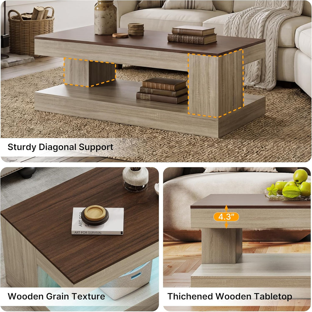 Miereirl Farmhouse Coffee Table with Storage Shelf, 2-Tier Wood Rustic Center Table with LED Light, 47” Rectangular Tea Tables for Living Room, Apartment, Office,Walnut &Light Ash White