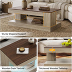 Miereirl Farmhouse Coffee Table with Storage Shelf, 2-Tier Wood Rustic Center Table with LED Light, 47” Rectangular Tea Tables for Living Room, Apartment, Office,Walnut &Light Ash White