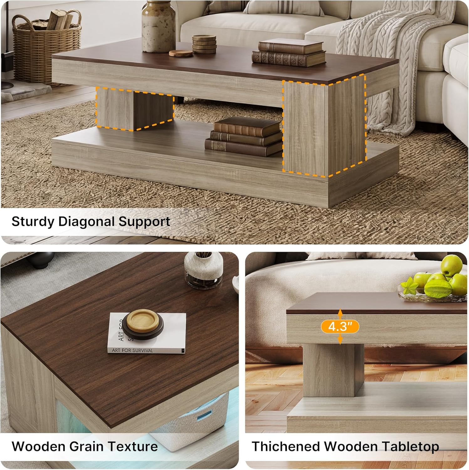 Miereirl Farmhouse Coffee Table with Storage Shelf, 2-Tier Wood Rustic Center Table with LED Light, 47” Rectangular Tea Tables for Living Room, Apartment, Office,Walnut &Light Ash White
