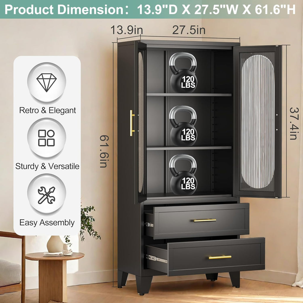 winiowa 61" Tall Kitchen Pantry Storage Cabinet, Black Metal Storage Cabinet with Adjustable Shelves & Glass Doors & Drawers, Food Pantry Cabinets for Kitchen, Bathroom, Dinning Room, Living Room