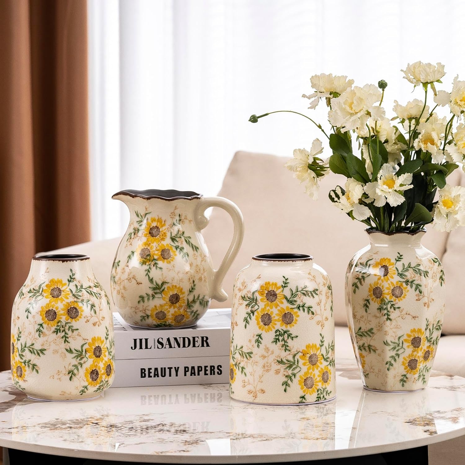 Sunflower Vintage Ceramic Yellow Floral Pitcher Vase with Handle 7.9”, Rustic Farmhouse Chinoiserie Vase, Grandmillennial Decor for Living Room, Bookshelf, Mantel Decor, Mom Gift