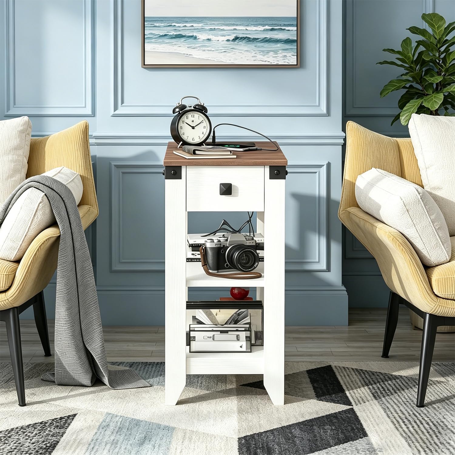 Drefure Sofa Side Table Set of 2 with Charging Station, Narrow End Tables with Storage Drawer for Living Room, Couch Side, Small Spaces, Apartment or Dorm, White Skinny Accent Table with USB Ports