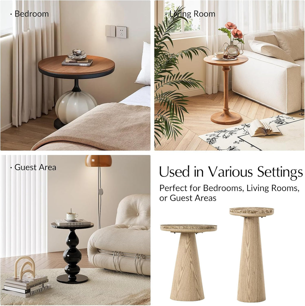 HULALA HOME Nesting End Tables Set of 2, Modern Side Tables with Genuine Marble Top and Oak Veneer Cone-Shaped Base, Sculptural Pedestal Accent Tables for Living Room and Bedroom, Oak