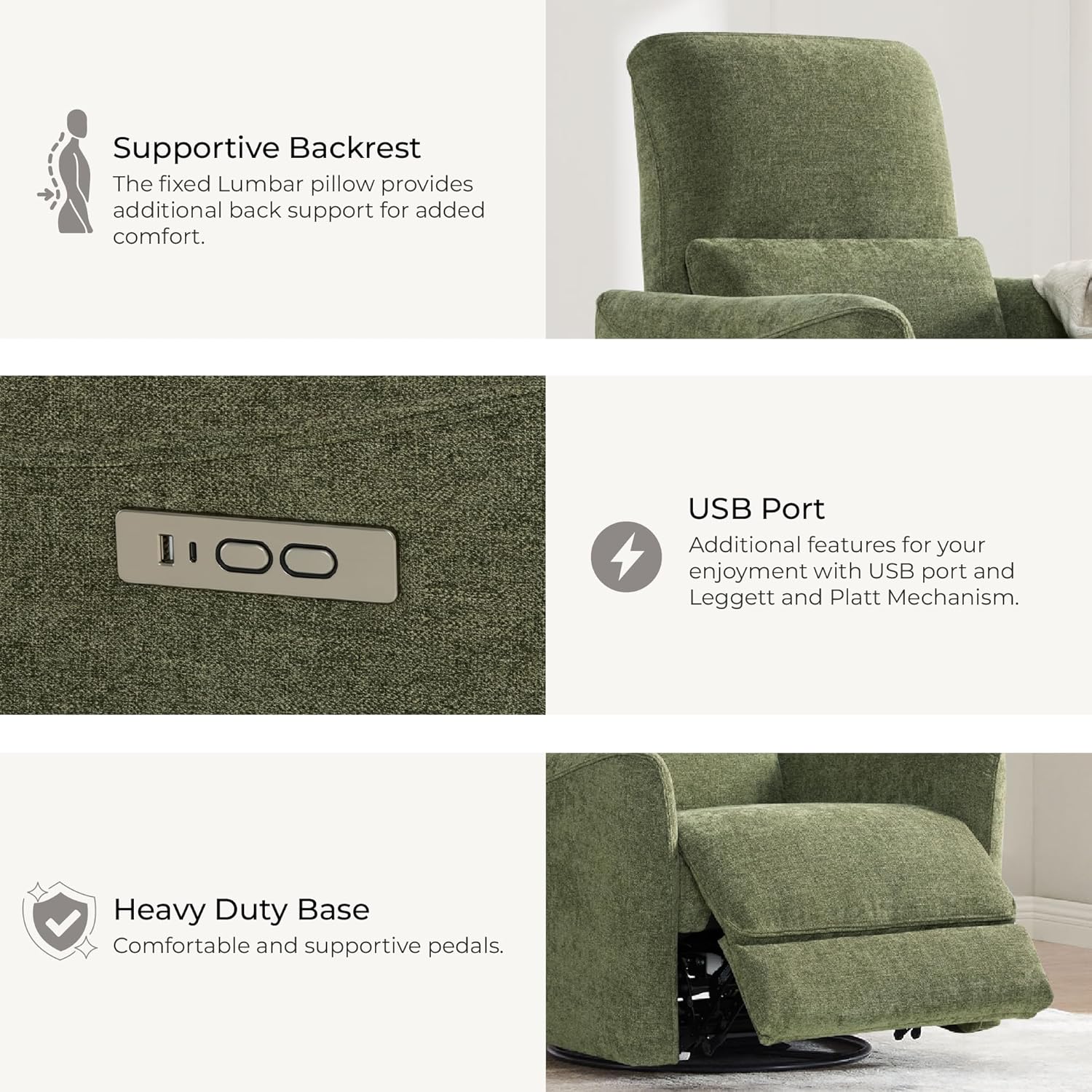 CHITA Power Recliner Chair Swivel Glider, FSC Certified Upholstered Living Room Nursery Reclining Sofa Chair with Lumbar Support, Green