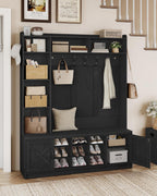 Hzuaneri 59.8" Hall Tree, LED Farmhouse Entryway Storage and Coat Rack Wood, Entryway Furniture with 7 Hooks, Hall Tree with Bench and Storage, 6 Storages Partitions Shoe Bench, Black HT24804X