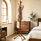 Wooden Coat Rack Freestanding with 8 Hooks & 3 Adjustable Sizes for Clothes, Space-Saving Design for Bedroom Office Entrance Holds Hats Coats Scarves Bags
