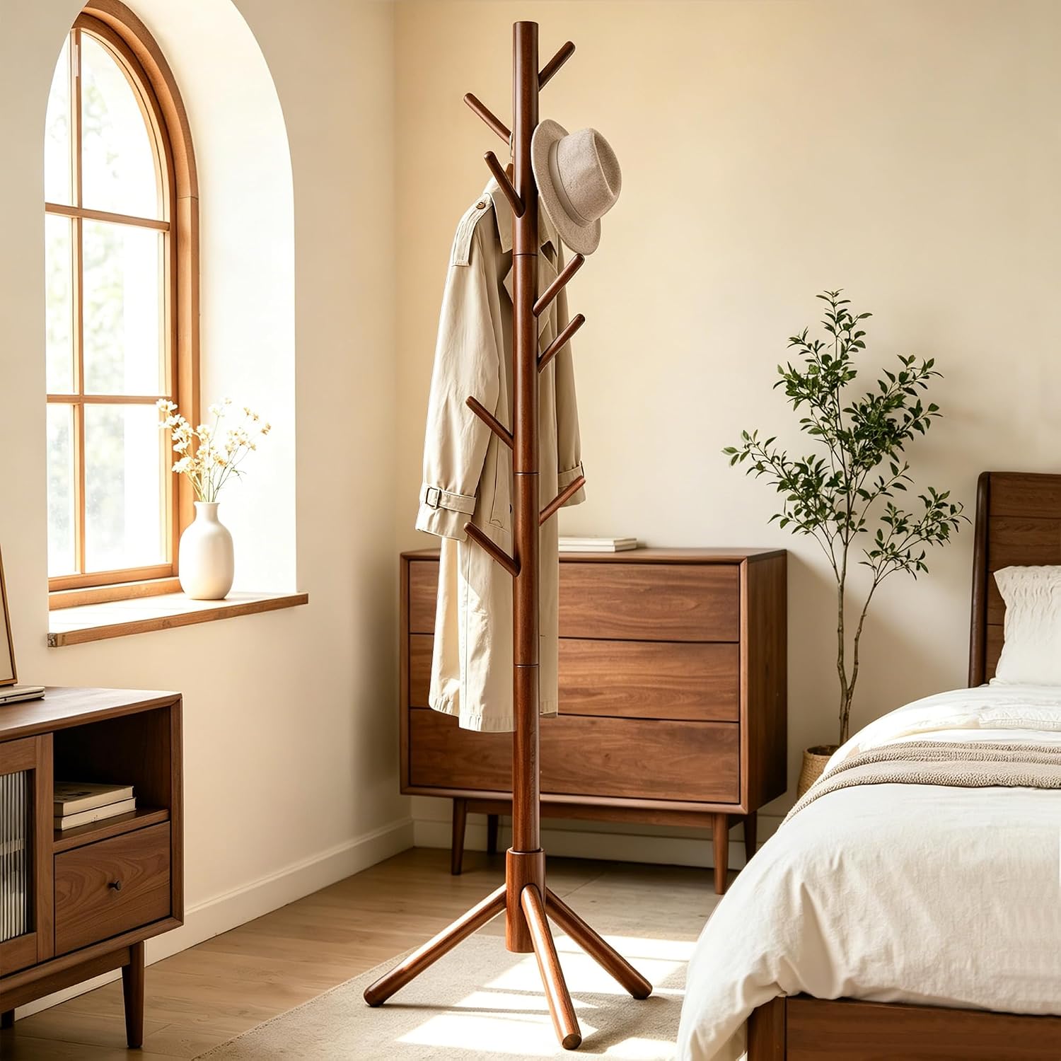 Wooden Coat Rack Freestanding with 8 Hooks & 3 Adjustable Sizes for Clothes, Space-Saving Design for Bedroom Office Entrance Holds Hats Coats Scarves Bags