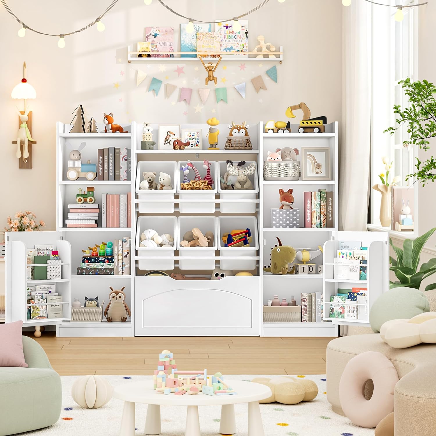 FINETONES 55” Toy Storage Organizer with 6 Toy Bins, 5-in-1 Large Kids Bookshelf with Movable Chests and 2-Tier Shelf Door, Toy Organizers and Storage Playroom Storage with Drawer, White