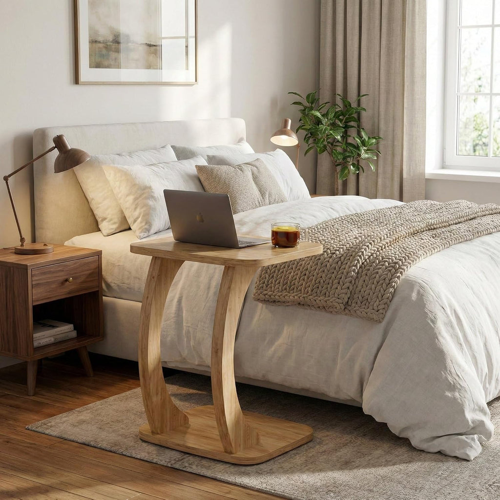 Modern C-Shaped Side Table, Curved Wood End Table for Couch, Sofa & Bed, Elegant TV Tray Table for Eating & Snacks, Space Saving Laptop Stand for Small Spaces, Unique Accent Furniture Piece