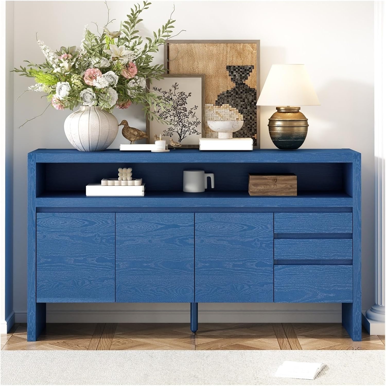 60" 3-Door Sideboard with 3 Drawers - Semi-Open Shelf & Center Semi-Circular Cutout in Back Panel, Large Storage Cabinet for Living Room, Hallway, Dining,for Kitchen