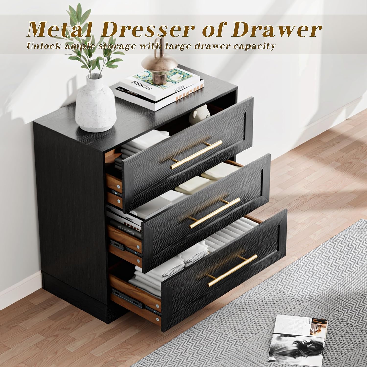 Anbuy Night Stand Large Bedside Side Table with 3 Drawers, Modern Wood Nightstand, Storage End Table with Golden Handles for Bedroom, Living Room (1 Piece, Black)