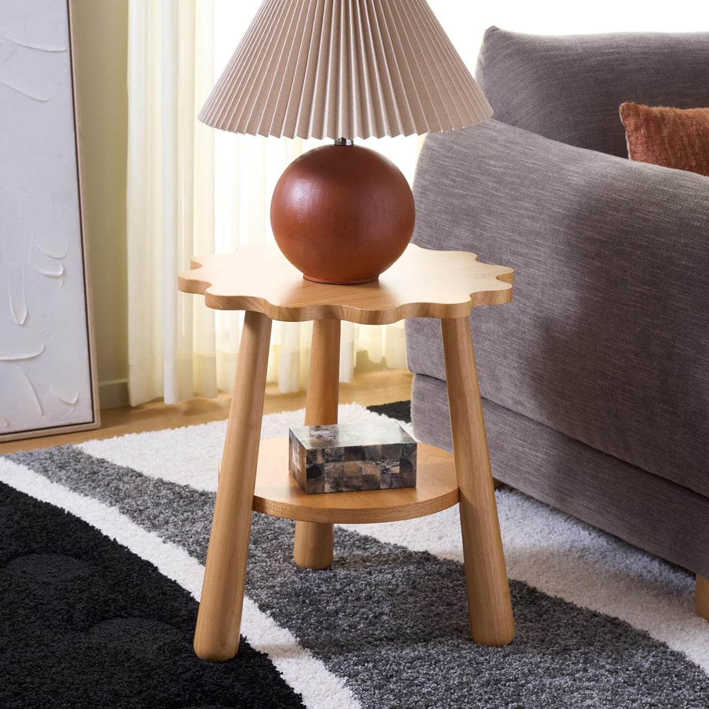 SAFAVIEH Home Collection – Forsythe Natural Brown Accent Table with Lower Shelf, Scalloped Round Design (ACC9201B)
