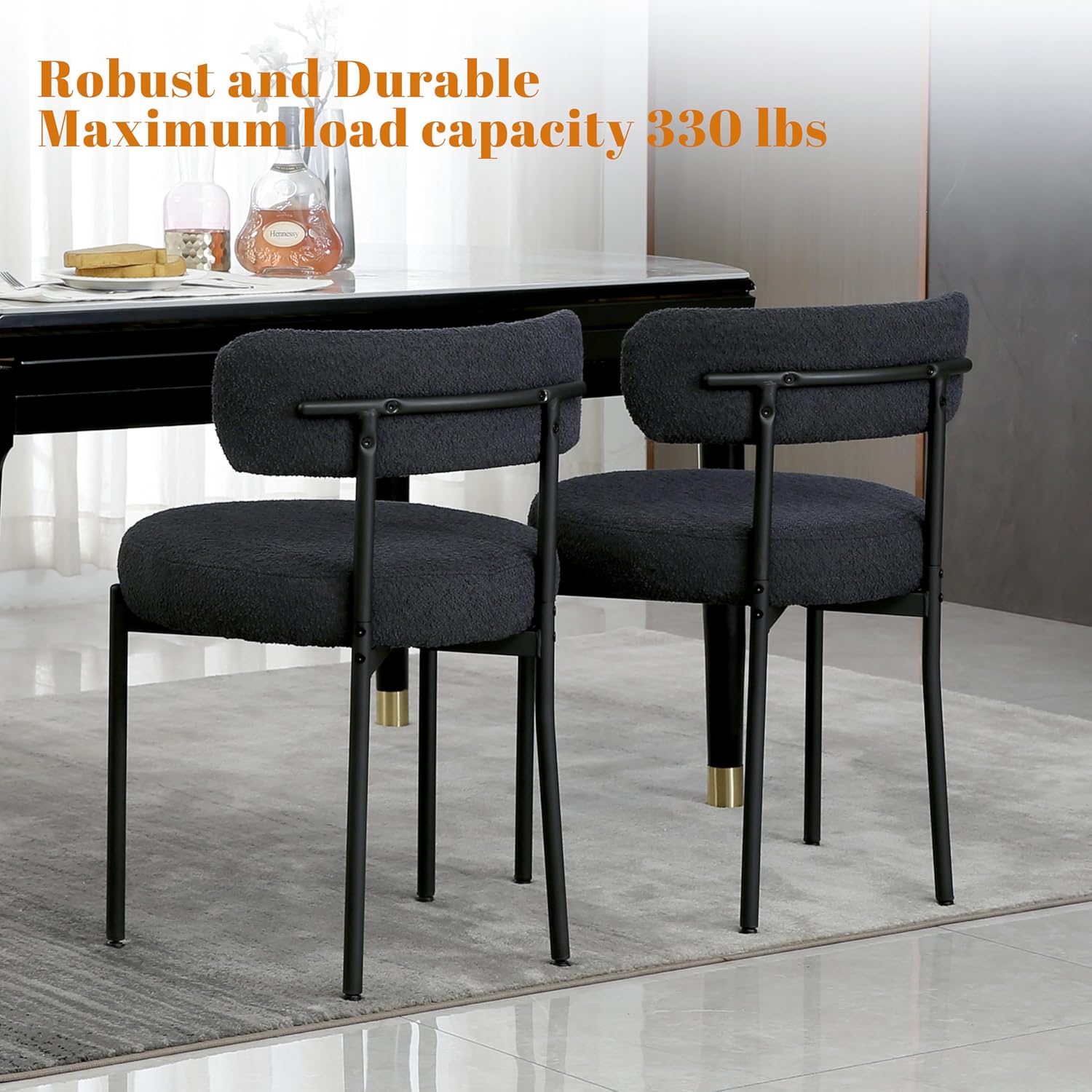 DYHOME Black Boucle Dining Chairs Set of 4, Modern Upholstered Dining Chairs with 4" Thick Cushion and Sturdy Metal Legs for Dining Room, Kitchen