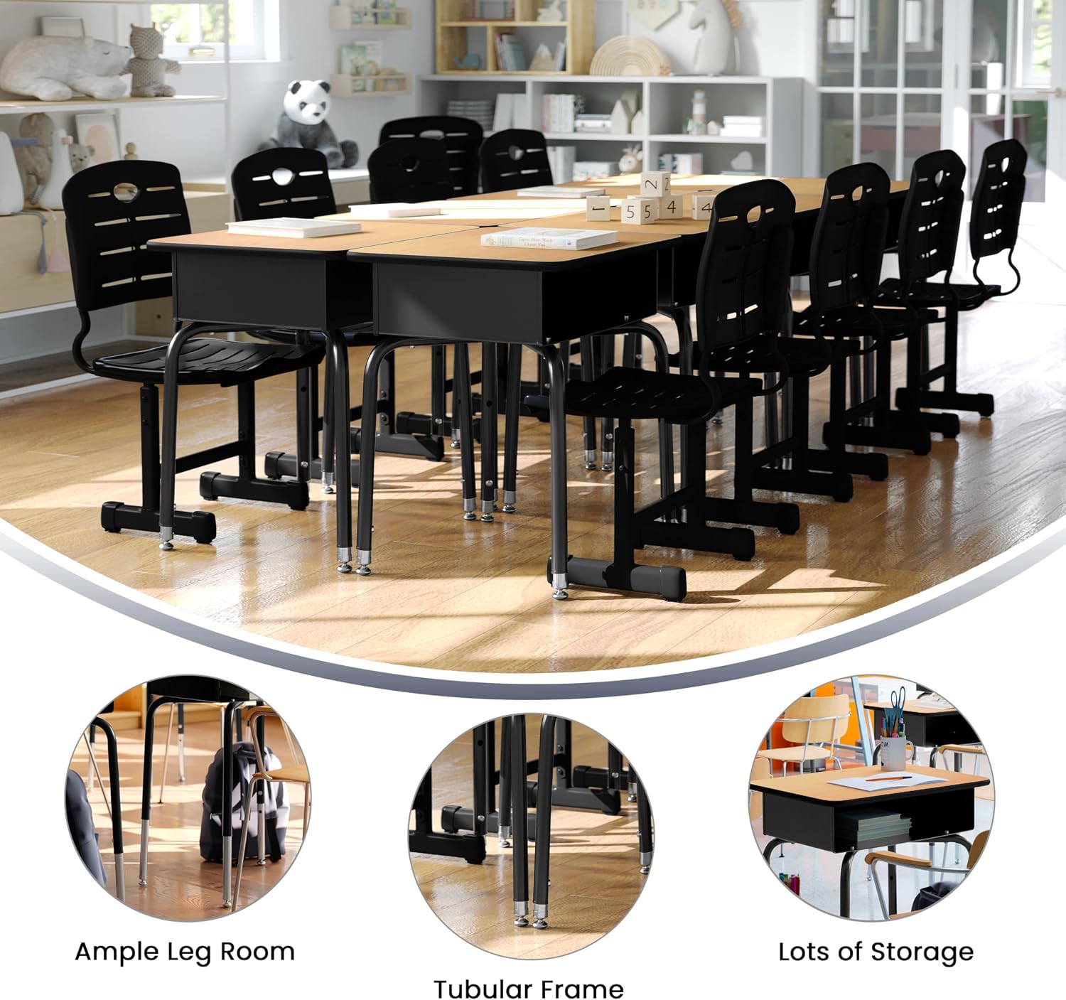 Flash Furniture Billie Open Front Student Desk for Classrooms or Remote Learning, Height Adjustable School Desk with Metal Book Box, Natural/Black