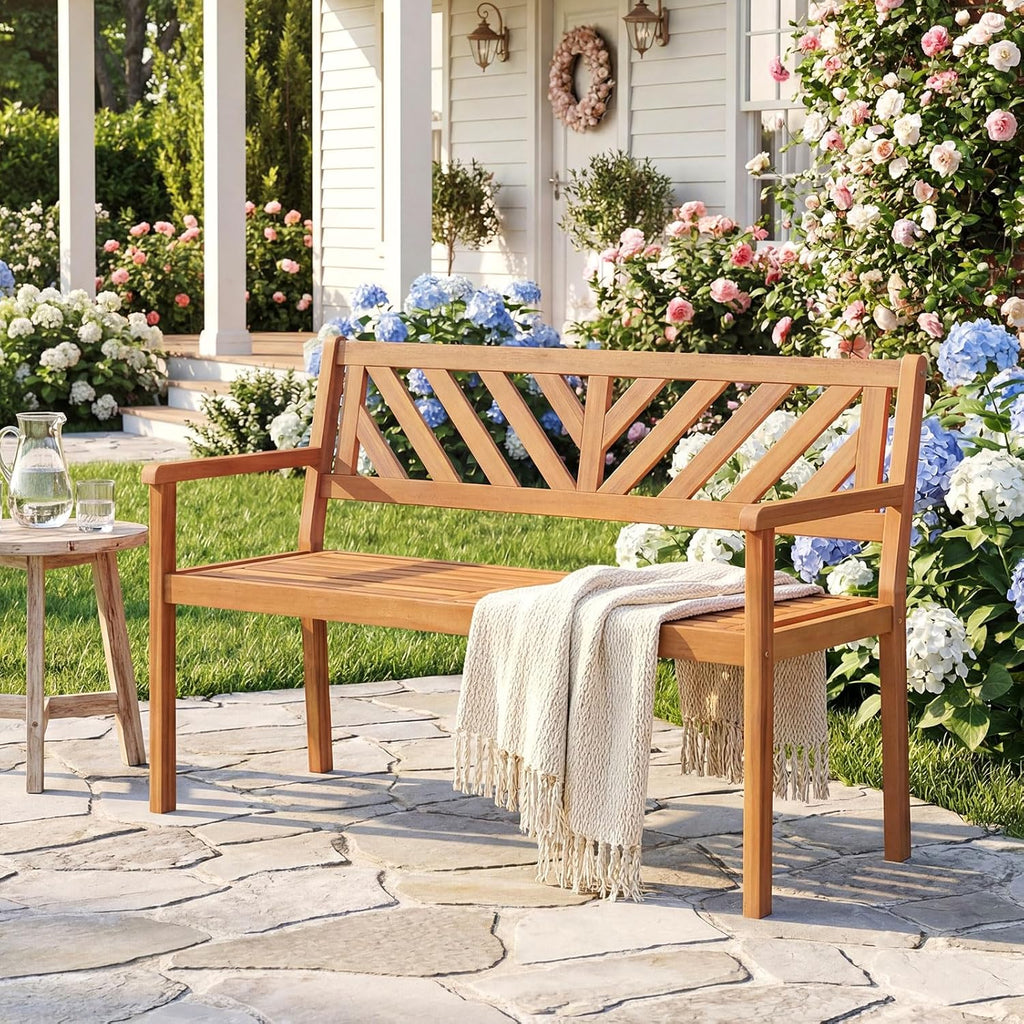 Tangkula Acacia Wood Outdoor Loveseat Bench, 2-Person Patio Garden Bench with Armrests & Backrest, Slatted Wooden Outside Seating Furniture for Backyard, Porch, Deck (V-Shaped Backrest)