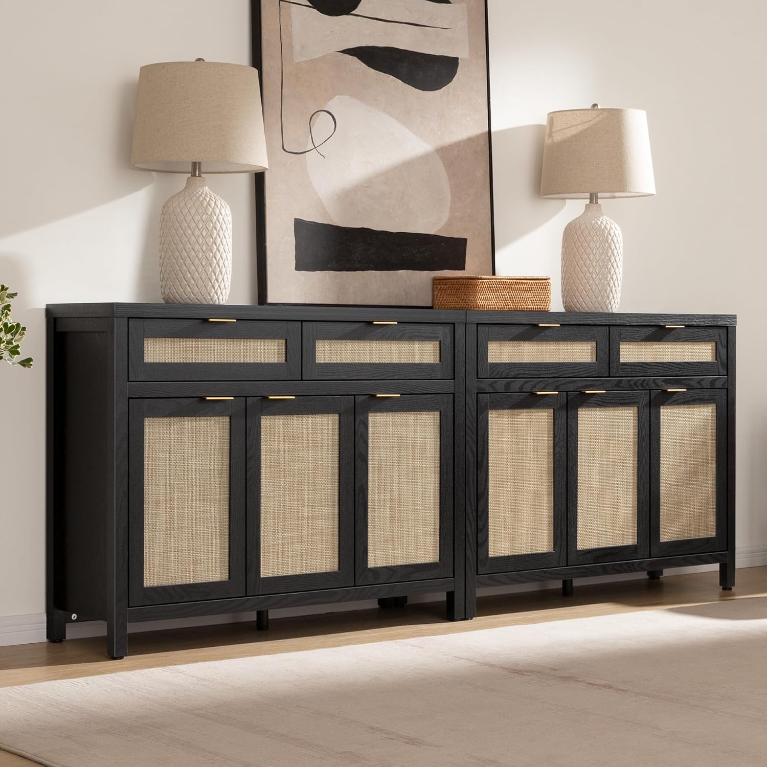 SICOTAS Rattan Sideboard Buffet Cabinet with Storage, Boho Credenza Accent Cabinet with 3 Doors and 2 Drawers, Farmhouse Console Coffee Bar for Kitchen, Living Room, and Entryway, Black Oak