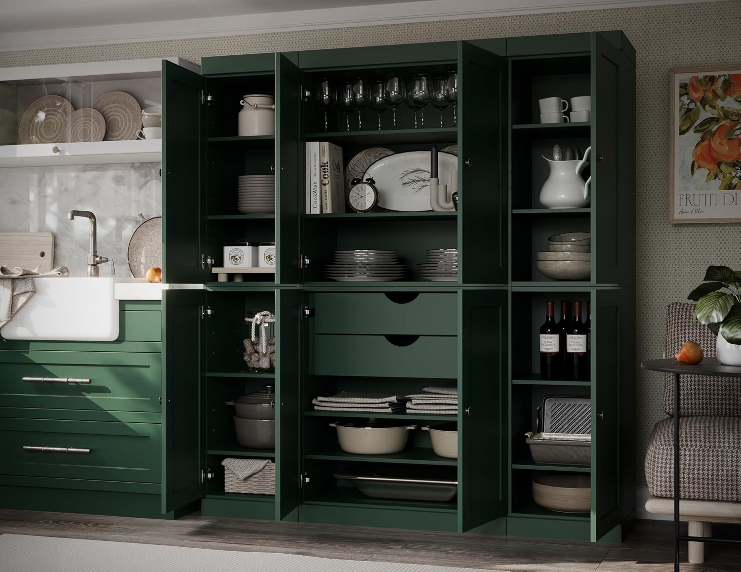 Palace Imports Solid Wood Pantry Cabinet – 71.5" Tall, 65" W - Wooden Storage Cabinet w/ 8 Shaker Doors, 2 Drawers & 12 Adjustable Shelves for Kitchen – Green, 100% Eco-Friendly Wood, Made in Brazil