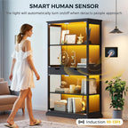 Jocoevol Display Cabinet with Glass Doors, 4-Tier Curio Cabinet with with 2 Drawers for Collectibles, Modern Glass Display Case Human Body Sensor & RGB Lights for Living/Game Room (Black)