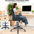 Office Drafting Chair, Tall Desk Chair with Adjustable Armrests and Footrest Ring PU Leather Standing Desk Chair with Extra Thicken Seat Cushion, Comfy High Office Chair for Counter Height Desk, Black
