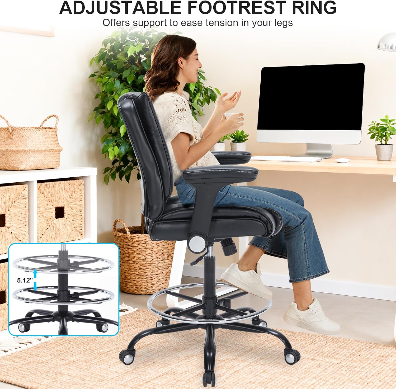 Office Drafting Chair, Tall Desk Chair with Adjustable Armrests and Footrest Ring PU Leather Standing Desk Chair with Extra Thicken Seat Cushion, Comfy High Office Chair for Counter Height Desk, Black