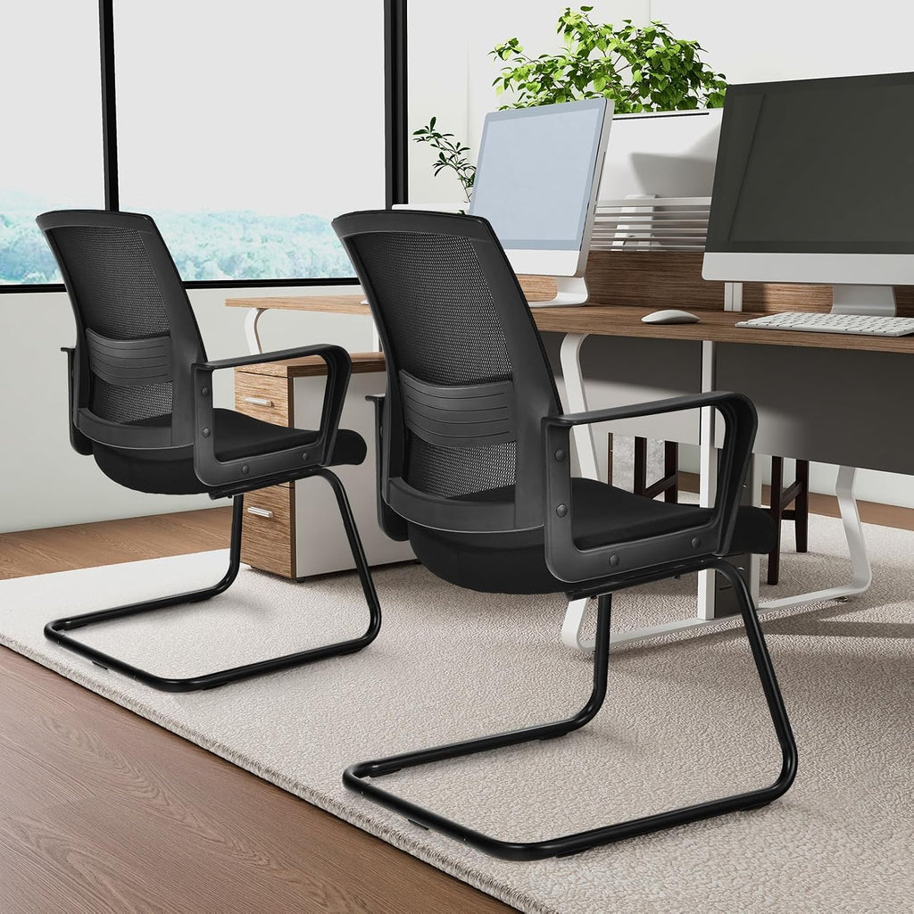 HAPPYGRILL Conference Chair Set of 2, Ergonomic Mid-Back Mesh Office Chair w/Adjustable Lumbar Support, Upholstered Seat & Metal Sled Base, Guest Reception Chairs for Home Office, Waiting Room