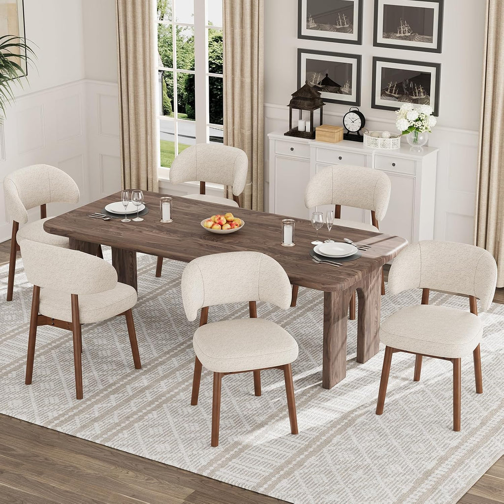 MALOL Wooden Dining Chairs Set of 6, Modern Upholstered Dining Room Chair, Fabric Kitchen Side Chairs with Curved Open Back for Living Room/Restaurant/Cafe, Beige