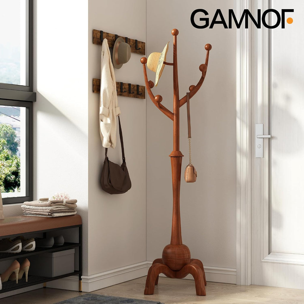 Wood Freestanding Coat Rack with 8 Hooks Coat Tree Standing,Walnut | Wooden Creative Clothes Hanger with Sturdy Sphere Base and Tree Branch Hooks 160lb Load Capacity for Entryway Hallway Bedroom
