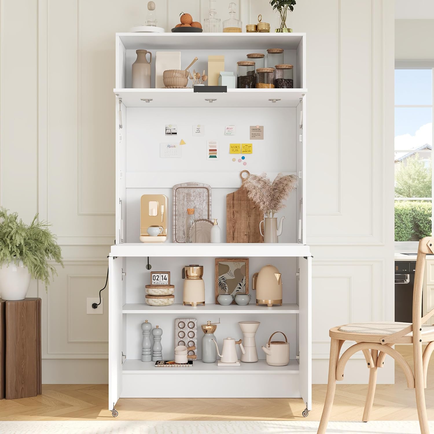 Pantry Cabinet with Hutch and Foldable Workstation, Multifunctional Wood Cupboard with Adjustable Shelf and Power Outlet for Dining, Living Room (White)